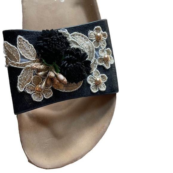 Nature Breeze Platform Slip On Slide Sandals Black Beige Floral Applique Size 8 - Picture 4 of 9